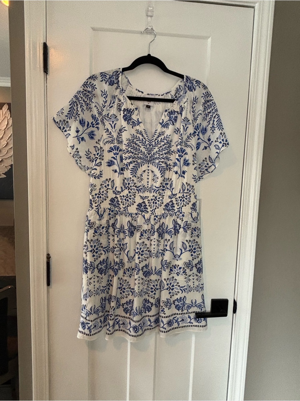 CAbi Blue and White Embroidered Tunic Dress